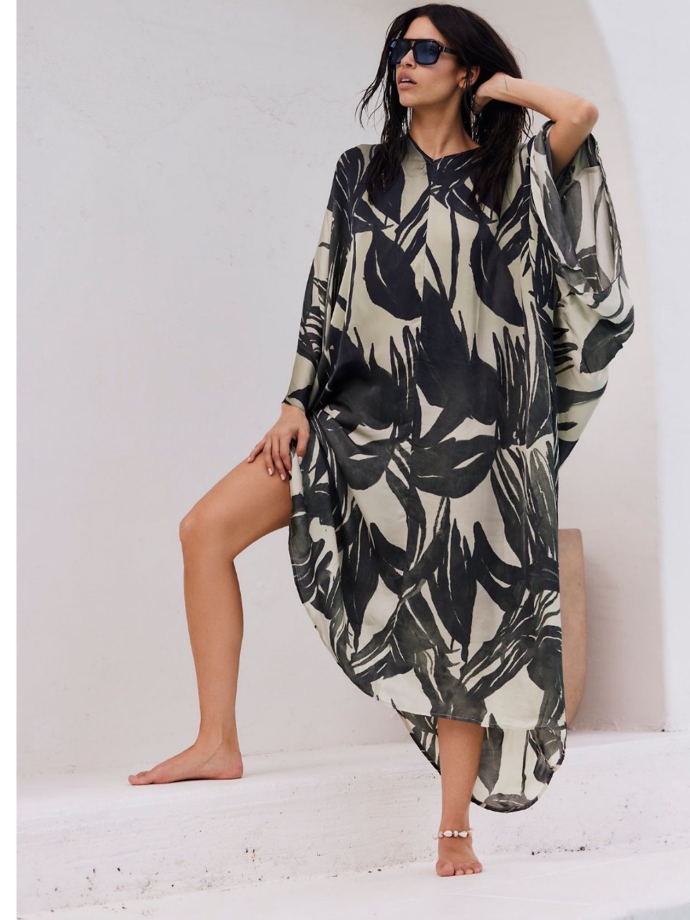 Free People Palm Shadow Maxi Kaftan Dress in Black and Cream OS